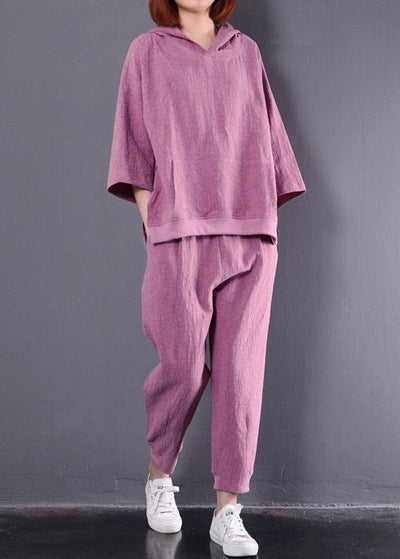 autumn dark pink hooded vintage tops and women casual trousers two pieces - bagstylebliss