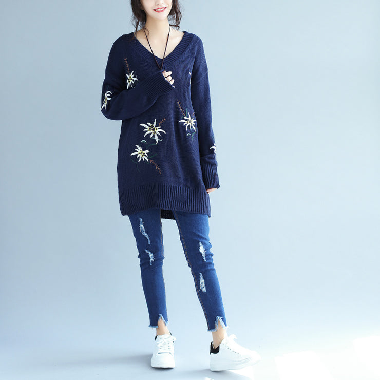 herbstmode blau stickerei pullover kleid übergröße mittellange strickpullover kleider