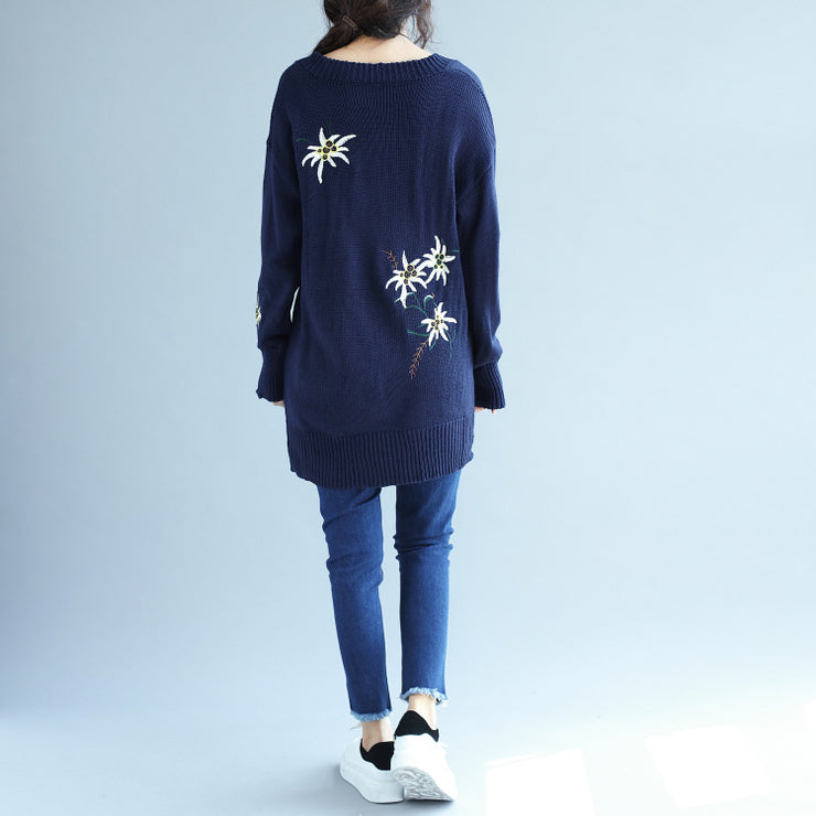 herbstmode blau stickerei pullover kleid übergröße mittellange strickpullover kleider