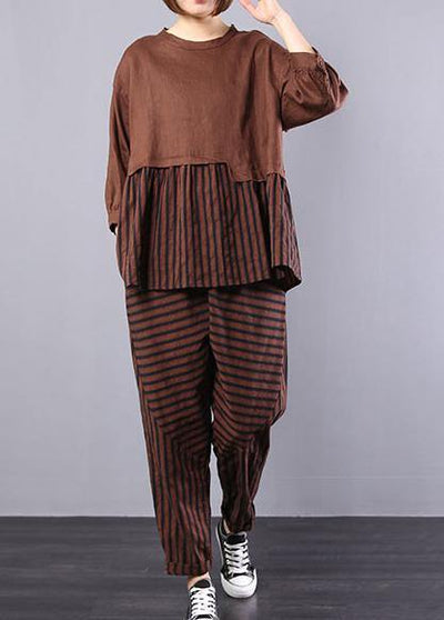 autumn khaki patchwork striped tops with elastic waist pants two pieces - bagstylebliss