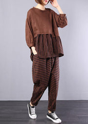 autumn khaki patchwork striped tops with elastic waist pants two pieces - bagstylebliss