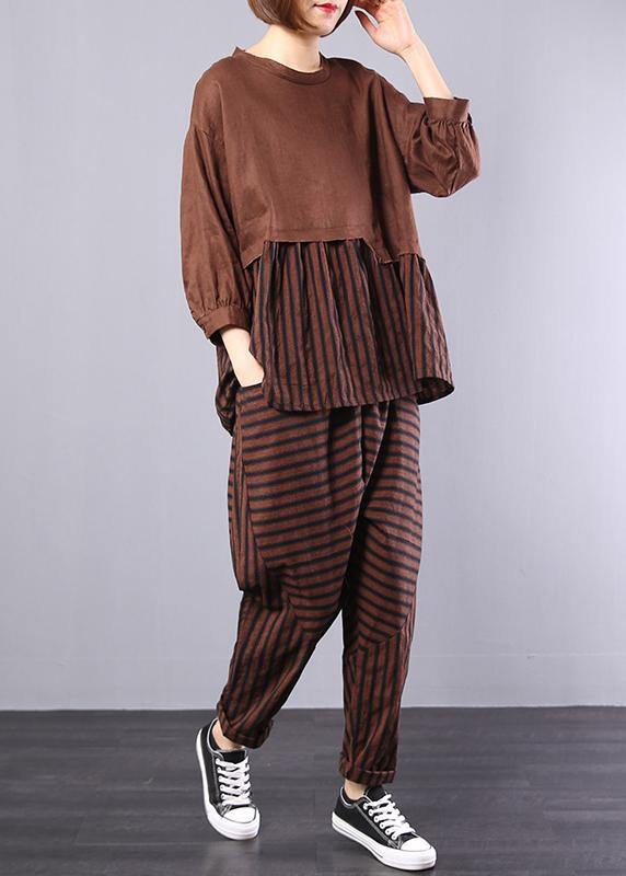 autumn khaki patchwork striped tops with elastic waist pants two pieces - bagstylebliss