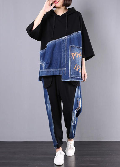 autumn new black patchwork blue hooded tops and casual big pockets trousers - bagstylebliss