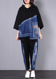 autumn new black patchwork blue hooded tops and casual big pockets trousers - bagstylebliss