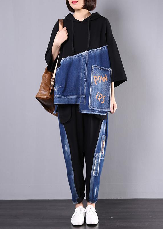 autumn new black patchwork blue hooded tops and casual big pockets trousers - bagstylebliss