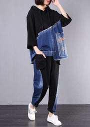 autumn new black patchwork blue hooded tops and casual big pockets trousers - bagstylebliss