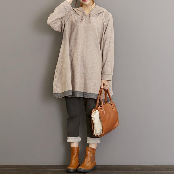 autumn thick light gray cotton blouse oversize long sleeve hooded pullover