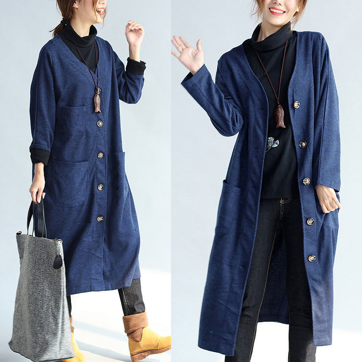 Herbst Winter warme marineblaue Trenchcoats aus Wolle lockere Taschen V-Ausschnitt Strickjacken