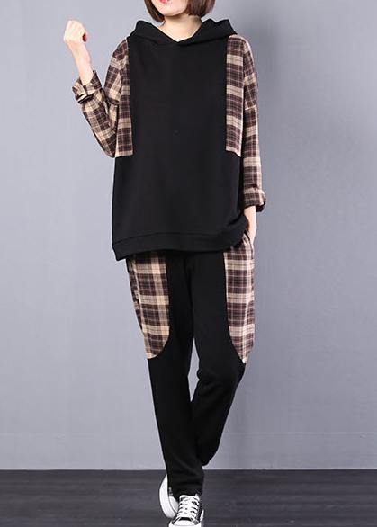 autumn women black patchwork khaki plaid hooded tops and casual pants two pieces - bagstylebliss
