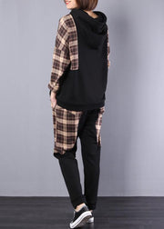 autumn women black patchwork khaki plaid hooded tops and casual pants two pieces - bagstylebliss