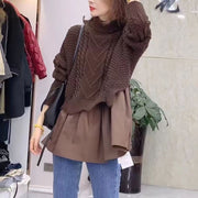 autumn warm chocolate patchwork knit dresses oversize false two pieces women elegant dress