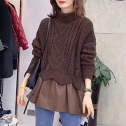 autumn warm chocolate patchwork knit dresses oversize false two pieces women elegant dress