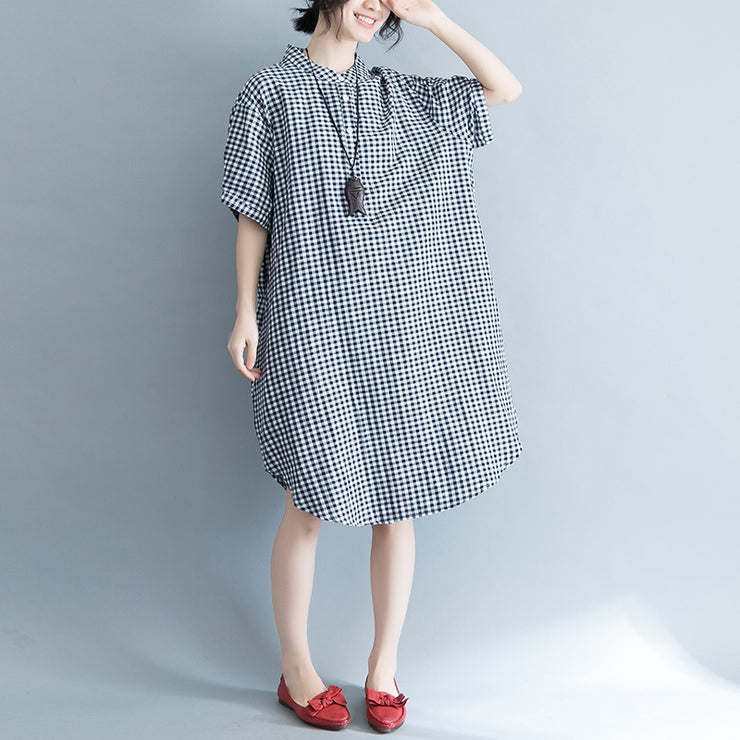 baggy Plaid natural cotton dress trendy plus size cotton clothing dresses Elegant short sleeve Stand cotton clothing