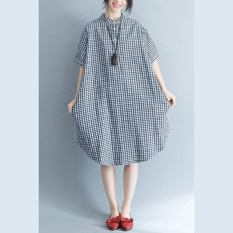 baggy Plaid natural cotton dress trendy plus size cotton clothing dresses Elegant short sleeve Stand cotton clothing