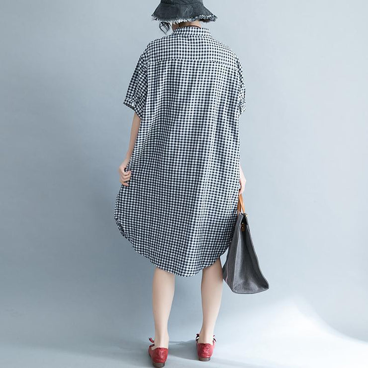 baggy Plaid natural cotton dress trendy plus size cotton clothing dresses Elegant short sleeve Stand cotton clothing