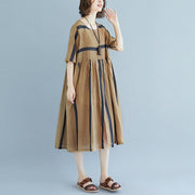 baggy Tencel Chiffon summer dress plus size Short Sleeve Round Neck Pockets Stripe Pleated Slit Dress