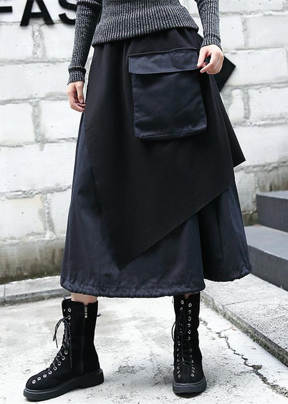 Baggy Black Midi-Rock Oversize Reisekleidung Patchwork Vintage asymmetrisches Design Herbstrock