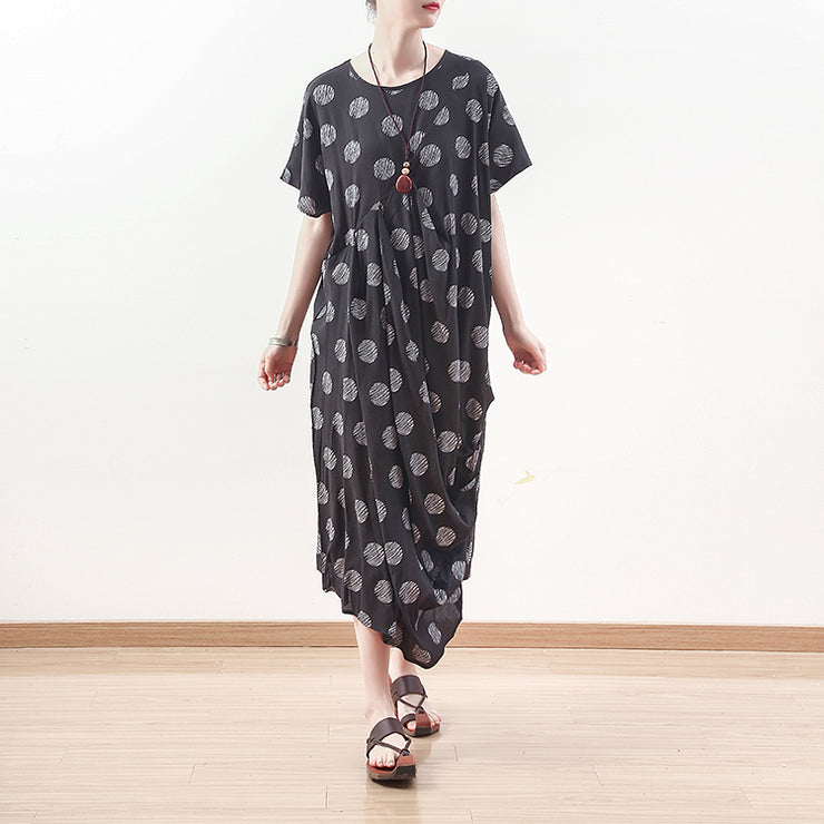 baggy black dotted linen blended caftans plus size O neck baggy dresses boutique short sleeve linen blended dresses