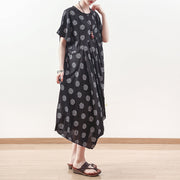 baggy black dotted linen blended caftans plus size O neck baggy dresses boutique short sleeve linen blended dresses