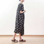 baggy black dotted linen blended caftans plus size O neck baggy dresses boutique short sleeve linen blended dresses