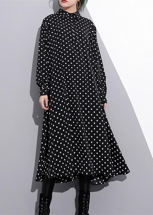 baggy black silk dresses plus size dotted silk clothing dress New stand collar cotton caftans