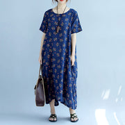 baggy blue floral cotton dresses oversize short sleeve cotton dresses vintage big hem gown