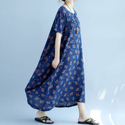 baggy blue floral cotton dresses oversize short sleeve cotton dresses vintage big hem gown