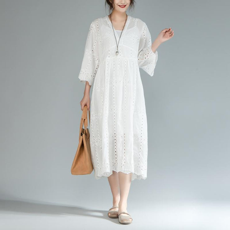 baggy cotton sundress plus size Two Pieces Set V Neck Three Quarter Sleeve White Dress