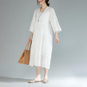 baggy cotton sundress plus size Two Pieces Set V Neck Three Quarter Sleeve White Dress