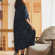 baggy dark blue dotted cotton linen dress trendy plus size o neck baggy dresses Fine long sleeve dresses