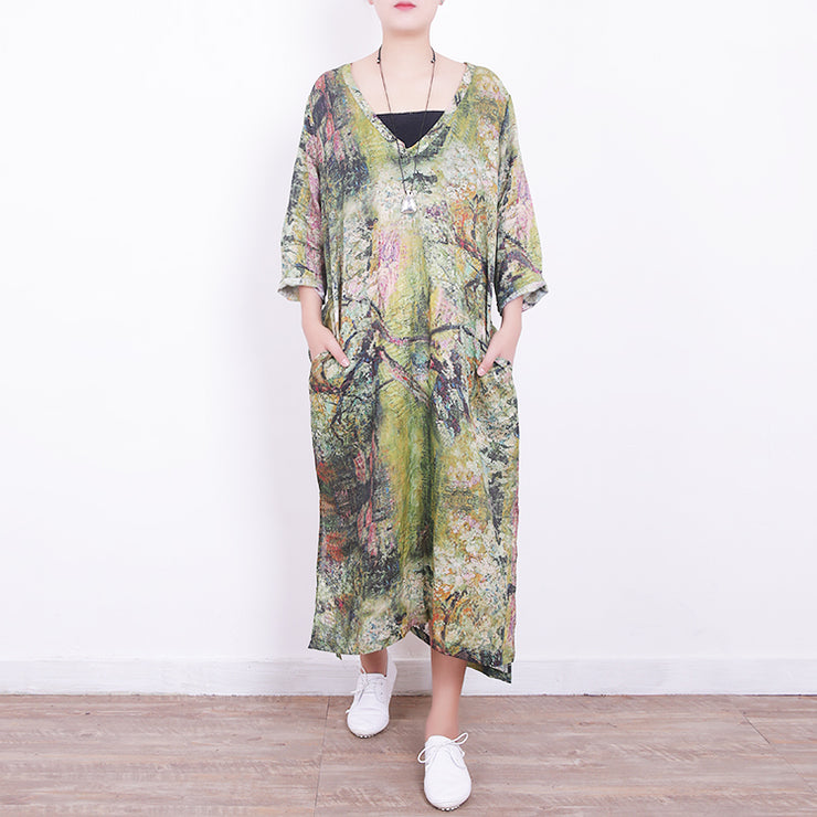 baggy green linen maxi dress plus size v neck gown vintage side open caftans