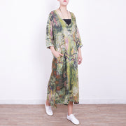 baggy green linen maxi dress plus size v neck gown vintage side open caftans