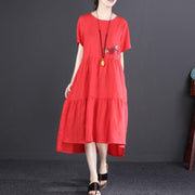 Baggy Sommerkleid aus Leinen, stilvolles, kurzärmliges, unregelmäßiges, rotes Kleid aus besticktem Flachs
