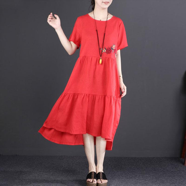 Baggy Sommerkleid aus Leinen, stilvolles, kurzärmliges, unregelmäßiges, rotes Kleid aus besticktem Flachs