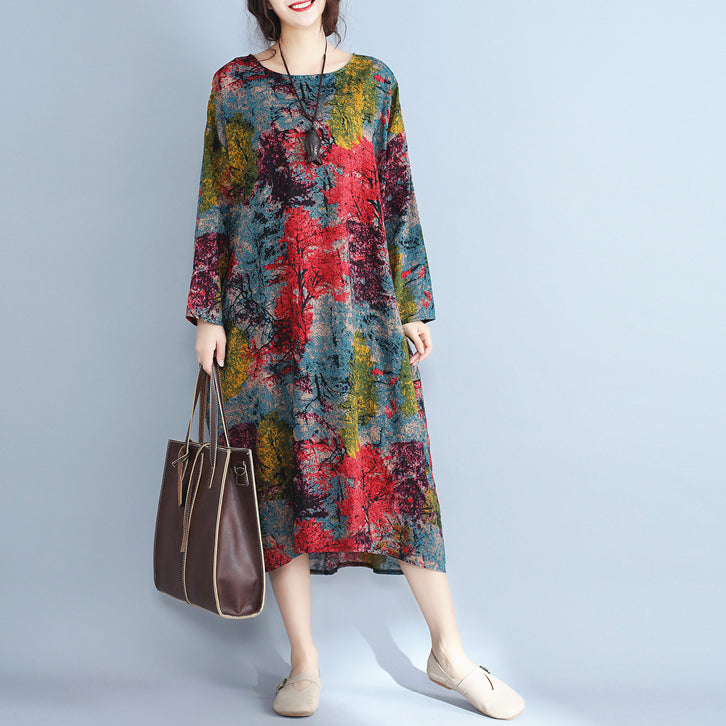 Baggy Multi-Color Natural Linen Dress Plus Size Prints Gown Feine Kaftane mit O-Ausschnitt