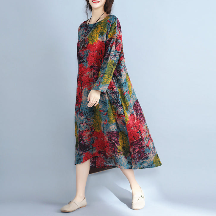 Baggy Multi-Color Natural Linen Dress Plus Size Prints Gown Fine O Neck Caftans