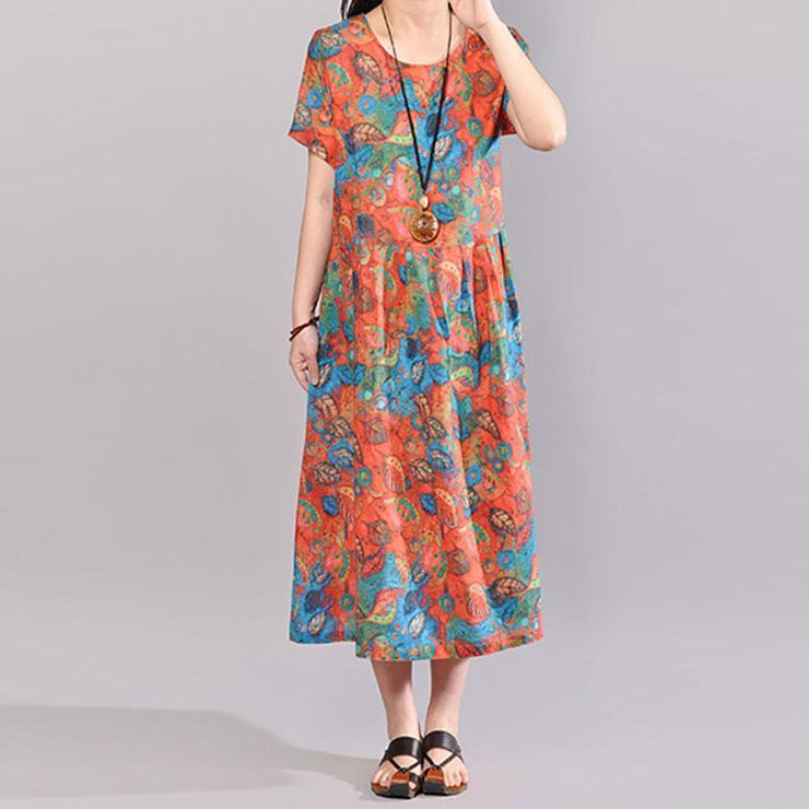 baggy natural cotton dress Loose fitting Short Sleeve Printed Summer Round Neck Dress