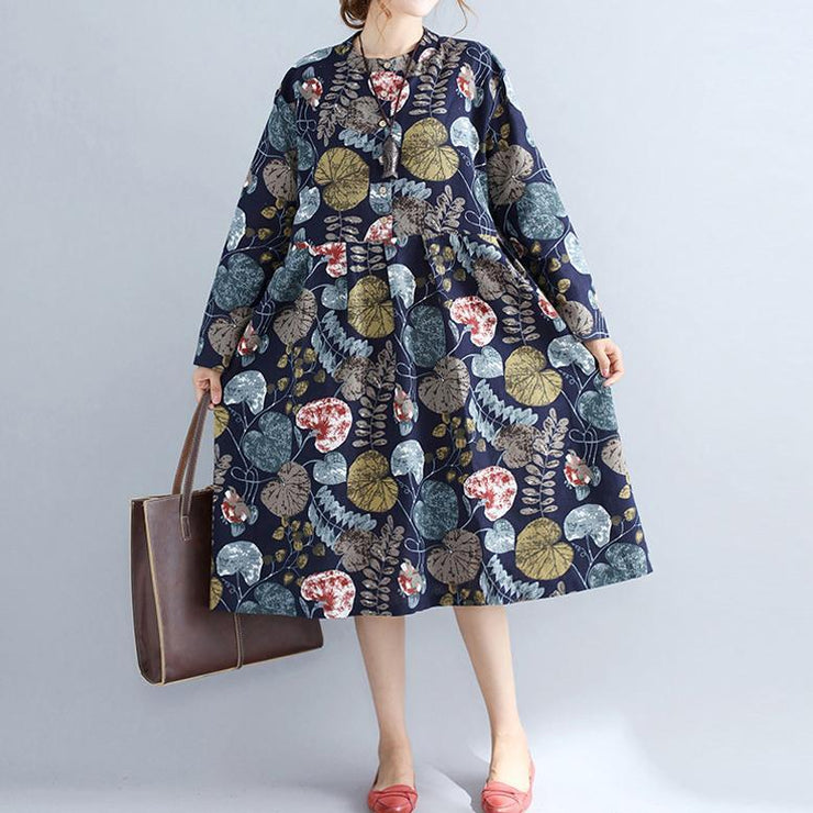 baggy navy prints linen knee dress plus size 2018 long sleeve patchwork cotton clothing