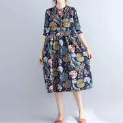 baggy navy prints linen knee dress plus size 2018 long sleeve patchwork cotton clothing