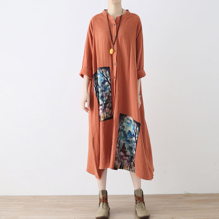 baggy orange long linen shirt dress plus size patchwork gown Fine asymmerrical linen caftans