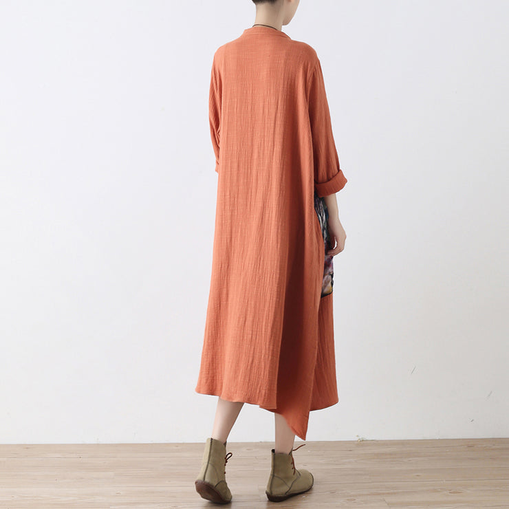 baggy orange long linen shirt dress plus size patchwork gown Fine asymmerrical linen caftans