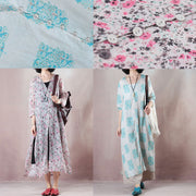 baggy pink print linen dresses plus size v neck side open traveling clothing fine half sleeve linen caftans