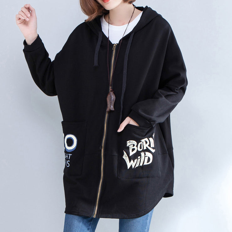 black autumn hooded cotton coats plus size casual zippered casaul cardigans outwear