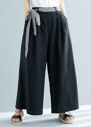 black cotton blended wide leg pants tie waist casual trousers - bagstylebliss