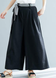 black cotton blended wide leg pants tie waist casual trousers - bagstylebliss