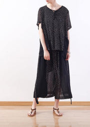 black dotted chiffon pullover tops with women patchwork pants two pieces - bagstylebliss