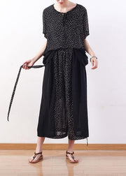 black dotted chiffon pullover tops with women patchwork pants two pieces - bagstylebliss