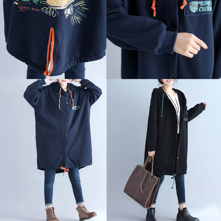 Schwarze Mode-Rückendrucke aus Baumwolle Trenchcoats plus Größe Winteroutfits mit Kapuze