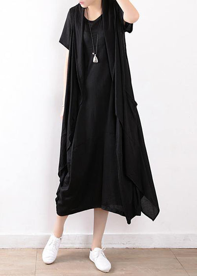 black fashion two pieces linen sleeve mid cardigan loose short sleeve maxi dress - bagstylebliss