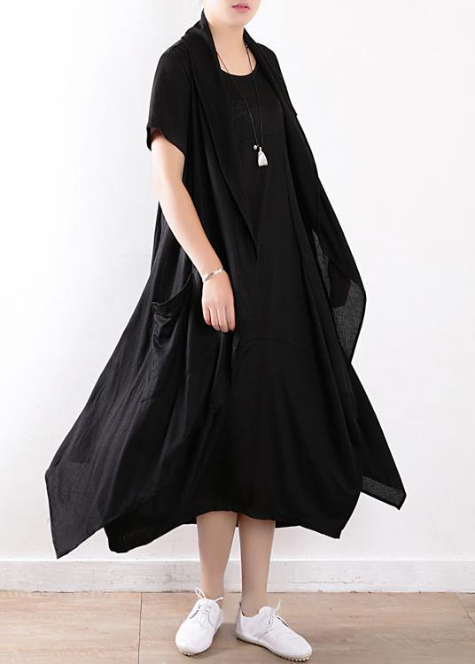 black fashion two pieces linen sleeve mid cardigan loose short sleeve maxi dress - bagstylebliss